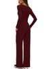 European & American Women's Solid Color Long-Sleeve Two-Piece Button Round Neck Pants Set