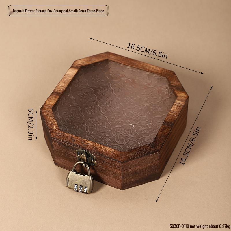 Retro Begonia Glass Lid Wooden Storage Box for Sundries, Dried Fruits, Cosmetics, and Documents
