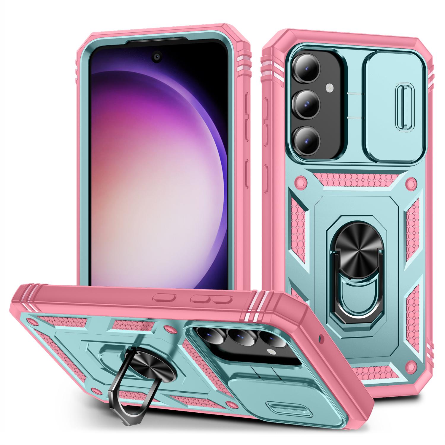 

For Samsung Galaxy A34 5G Case PC+TPU Cell Phone Shell with Sliding Camera Cover Grey Green+Pink