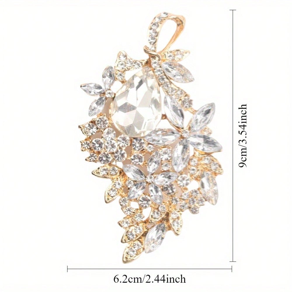 Gold-Tone Crystal Brooch - Floral & Teardrop Design, Rhinestones, Vintage Luxurious , for Formal Events , Ideal Gift