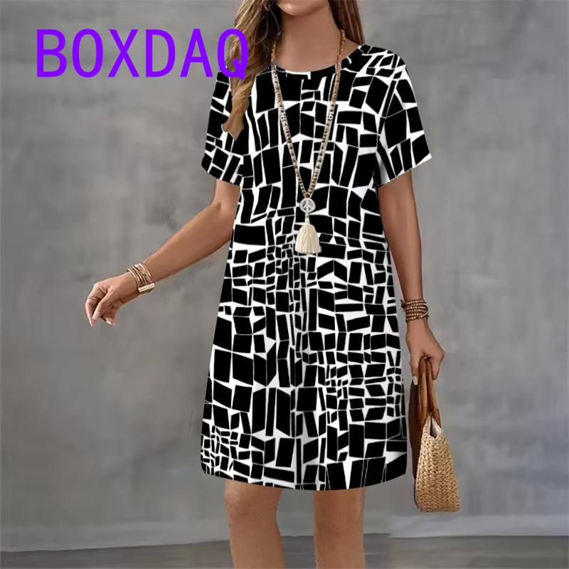 Vintage Black White Striped Print Women A-Line Dress Casual Short Sleeve O-Neck Loose Mini Dress Summer Ladies Flower Dress