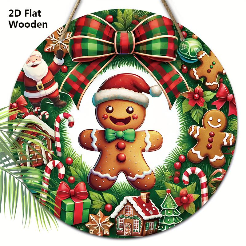 Wooden Christmas Sign with Gingerbread Man Pattern - Buffalo Plaid Navidad Ornament for Front Door Wall Hanging Decor - Ideal Christmas Ornament