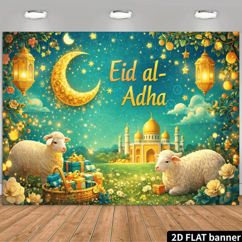 

2D Eid Al-Adha Mubarak Backdrop Cute Sheep Moon Lantern Islamic Festival Photo Booth Background 47.2x31.5inch/120*80cm