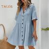 Women's Short Sleeve Shirt Dress Lapel V Neck Button Down Swing Dress Summer Casual Flowy Beach Sundress