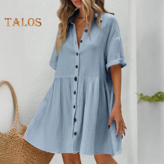 Women's Short Sleeve Shirt Dress Lapel V Neck Button Down Swing Dress Summer Casual Flowy Beach Sundress