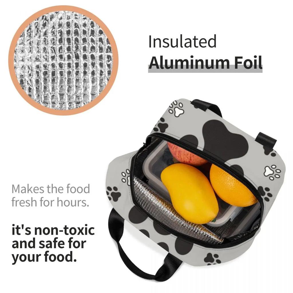 Zvířecí Mopsí Stopy Přenosný Obědový Box Ženy Nepropustný Kočka Mops A Pes Mopsí Stopy V Černé Jídlo Izolovaná Obědová Taška