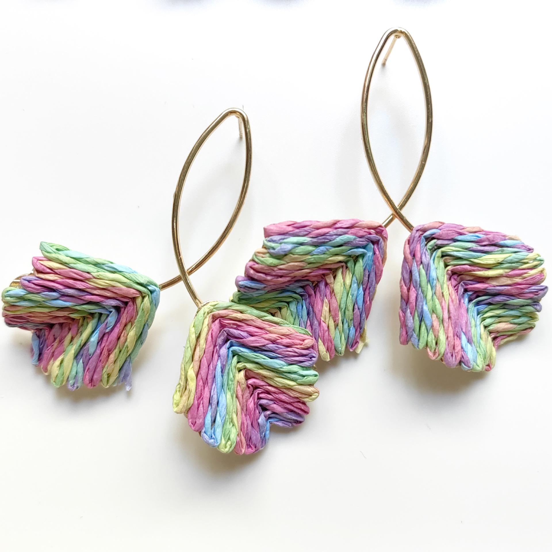 Seaside Wind Blue Fishtail Raffia Earrings: Geometric Holiday Style Studs