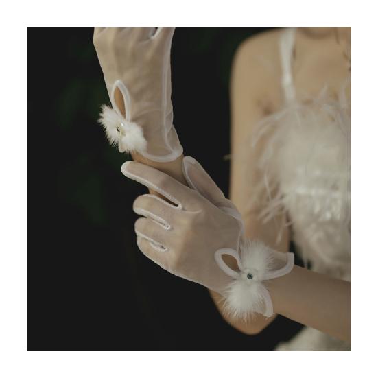 Satin Bride Gloves Short Tulle Wedding Gloves Sheer Wrist Gloves with Bow Faux Pearls for Prom Evening Opera Tea Party