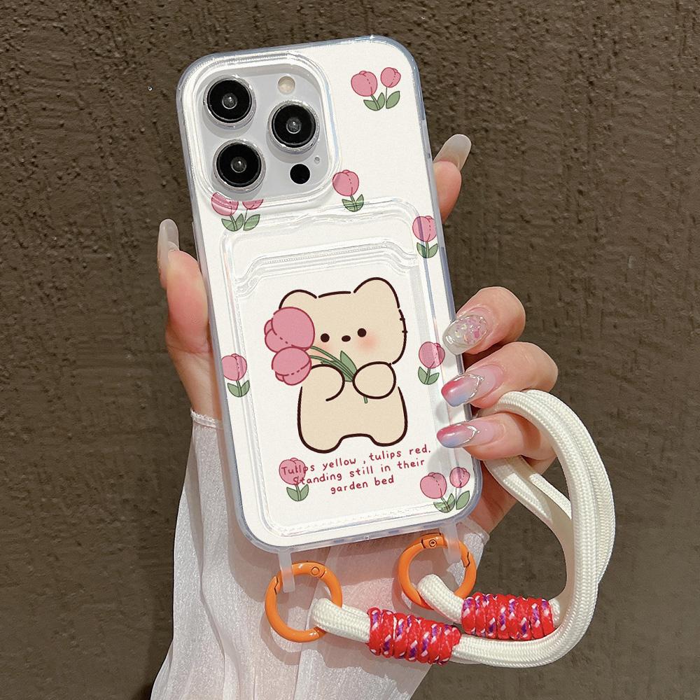 Cute Flower Phone Case For iPhone 15 Pro Case iPhone 13 11 12 14 16 Pro Max 7 8 Plus XR XS SE  Hang Chain Card Holder Cover