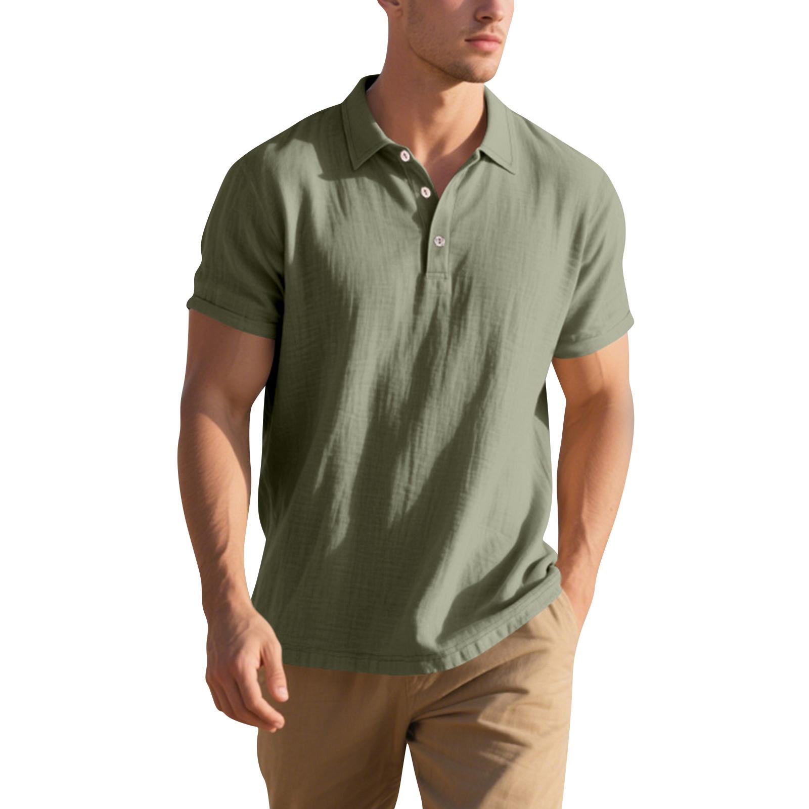 Men s Short-sleeved Shirt Linen Loose Fit Casual Collar Men s T-shirt L армия зеленый