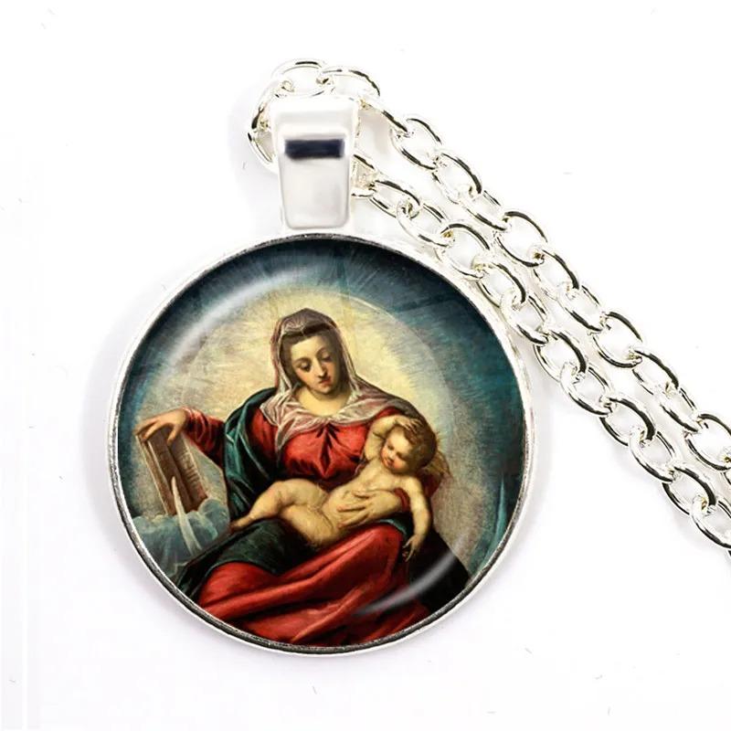 Virgin Mary and Baby Jesus Christian Catholicism Jewelry Necklace Blessed Mother Religious Art Glass Cabochon Dome Pendant Gift
