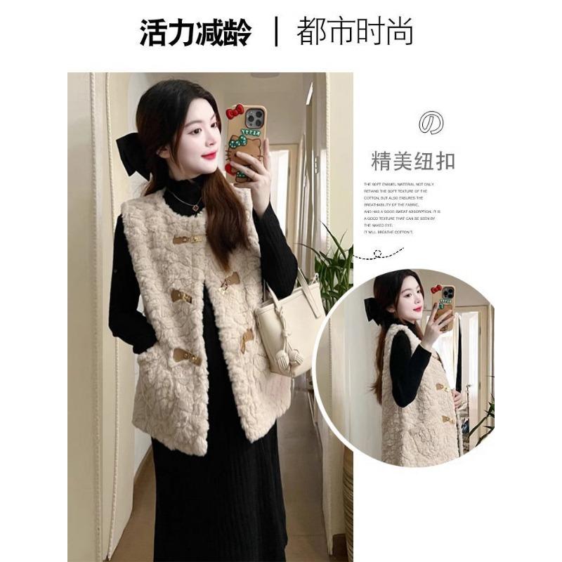 Women Faux Fur Vest Metal Buckle Loose Vintage Thick Warm Sleeveless