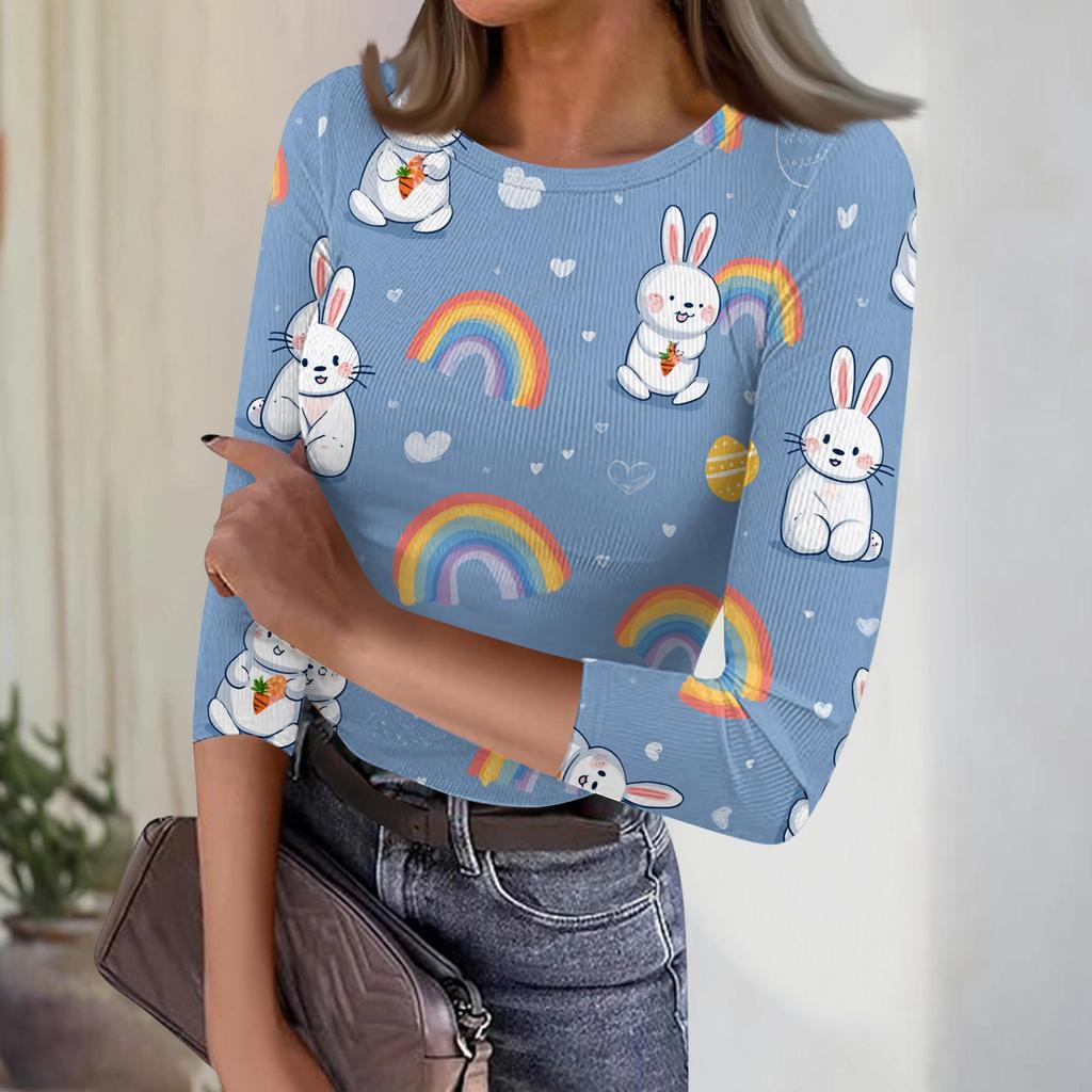 Women's Casual Fashion Round Neck Easter Print Three-Quarter Sleeve Ribbed Top