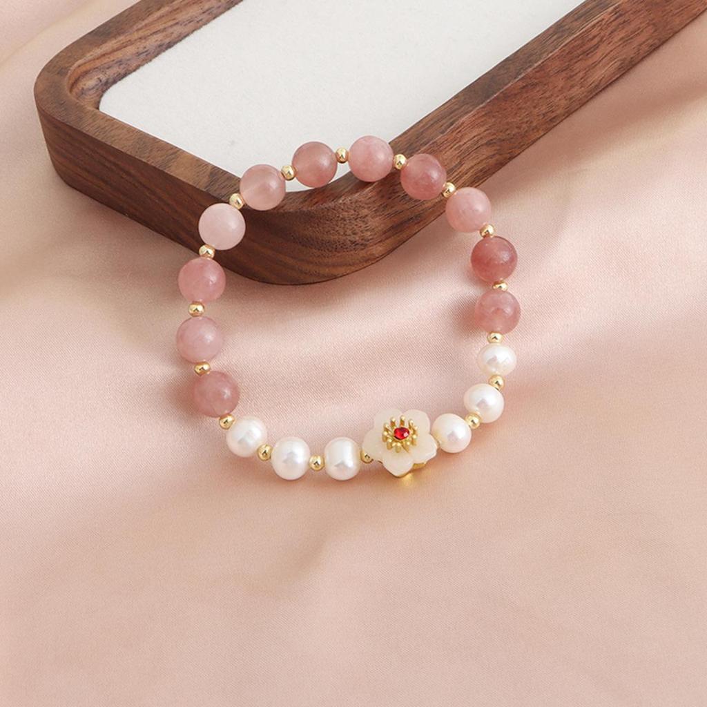Natural Pearl & Rose Quartz Aquamarine Bracelet | Chinese Style Peach Blossom Jewelry