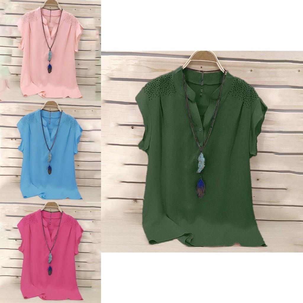 Elegant Womens Summer Button V Neck Short Sleeve T Shirt For Plus Size Ladies