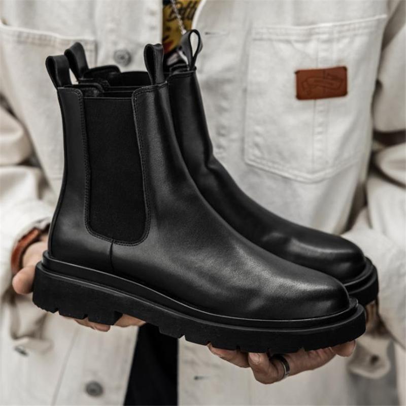 

Split Leather Luxury Chelsea Boots Men Ankle Boots Chunky Heel Male Winter Platform Shoes Plush Snow Boots Brand Designer