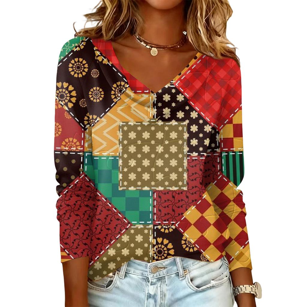 Ladies' Plaid Printed Casual and Fashionable Long Sleeved Pullover Top