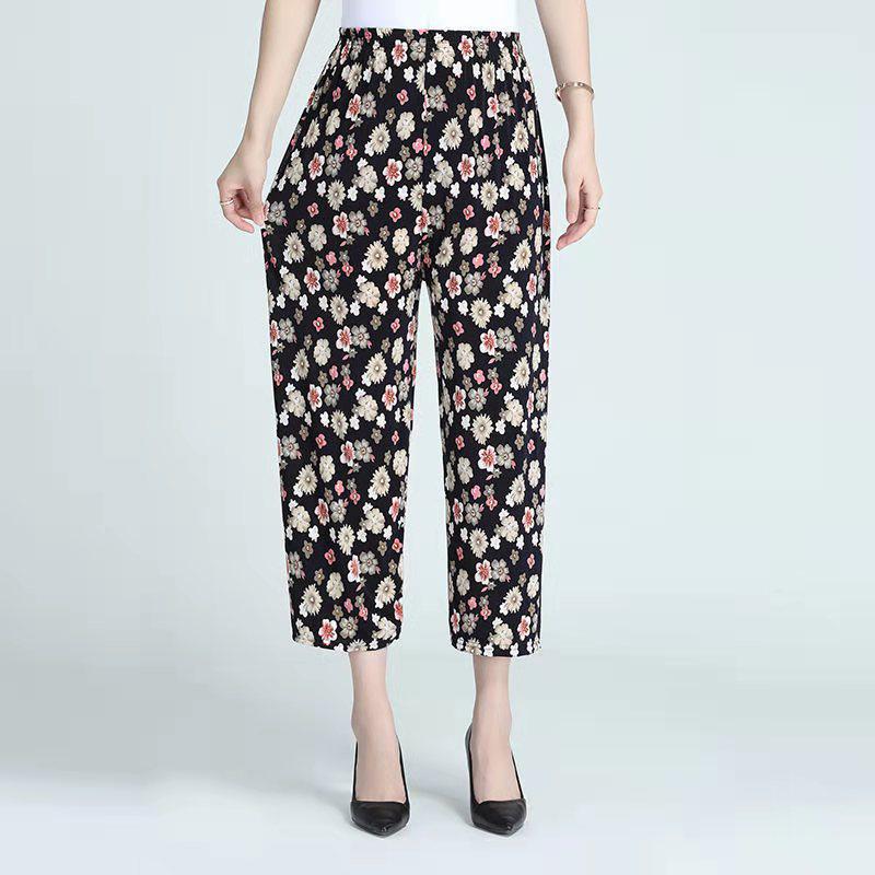 Floral Ice Silk Wide-Leg Pants for Women - Airy, Casual, Nine-Tenths Length