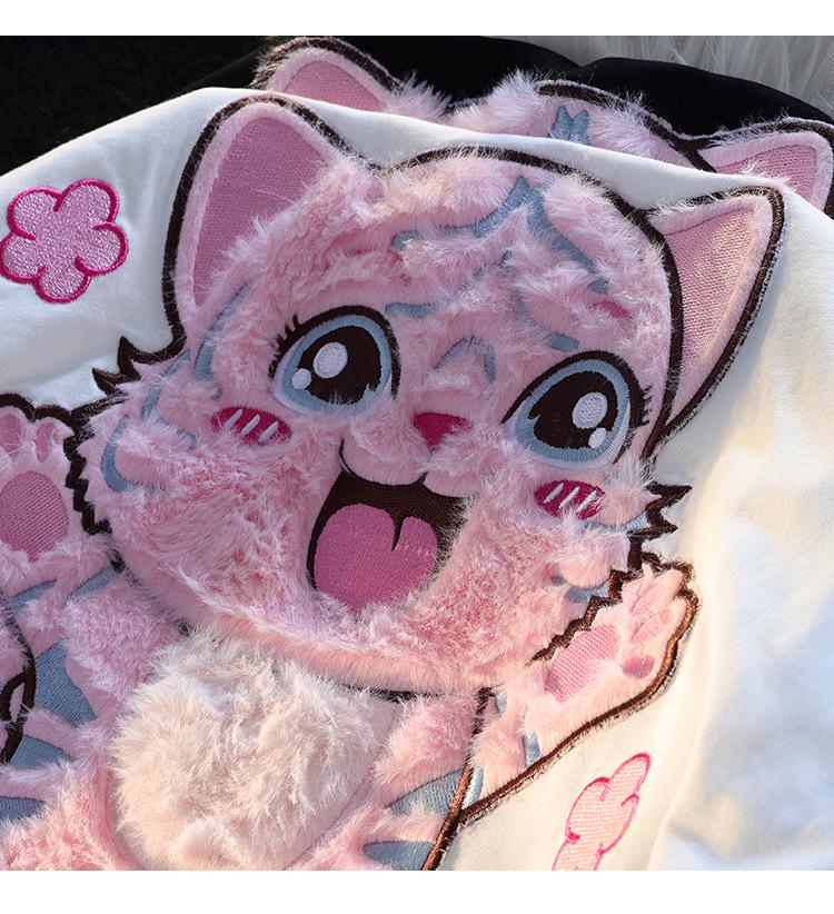 Guochao Oversized Flocked Cute Tiger Tee – Unisex Short-Sleeve, Niche Design, Couple Outfits