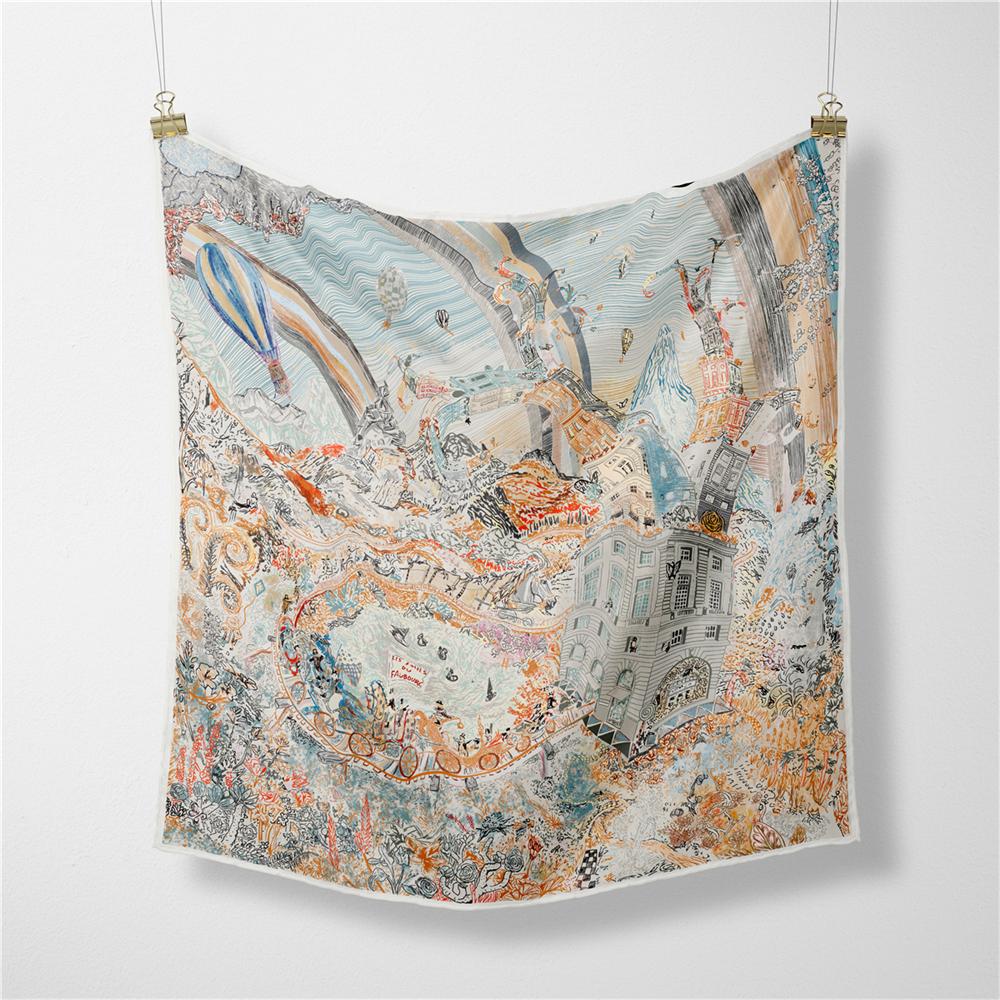 POBING Twill Silk Scarf Woman Water City Print Square Scarves Bandana Small Hijab Foulards Lady Tie Headband Neckerchief 53CM