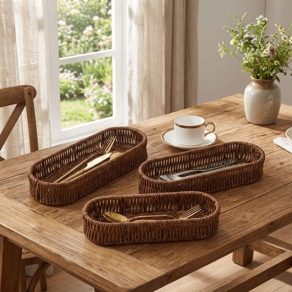 Oval Shape Tableware Storage Basket Retro Plastic Faux Wicker Tray Decorative Minimalist Desk Shelf Baskets Dining Room