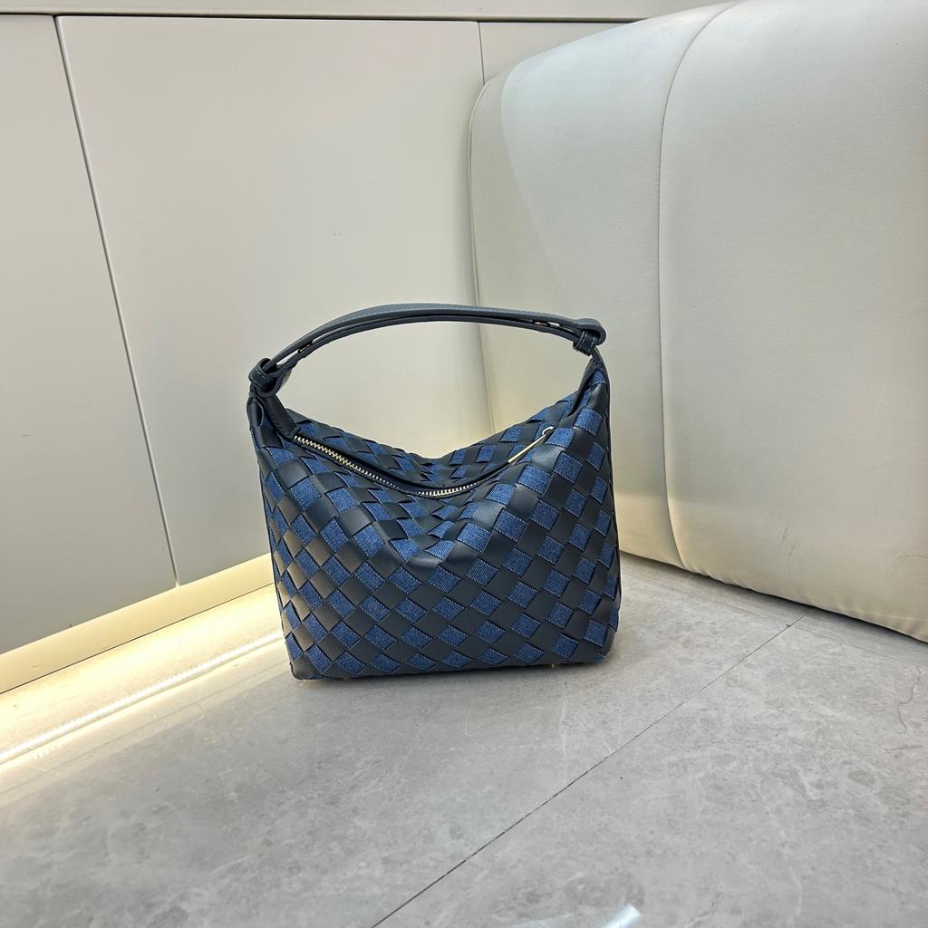 Spring and Summer New High-end Leather Woven Denim Lunch Box Bag Underarm Handbag