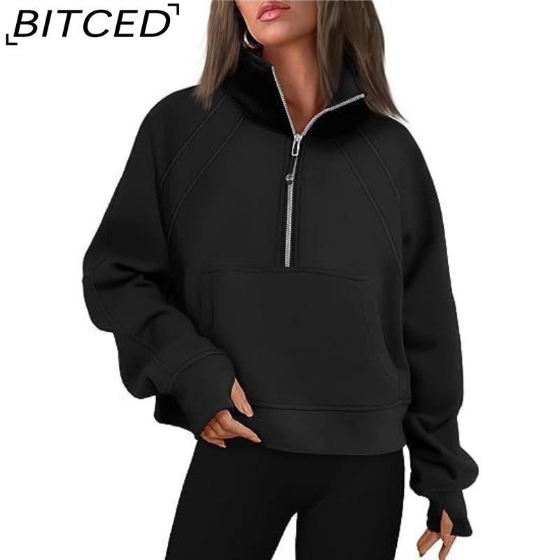 BITCED Autumn/Winter Women's Half-Zip Short-Sleeved Stand Collar Fleece-Lined Solid Colour Sweatshirt