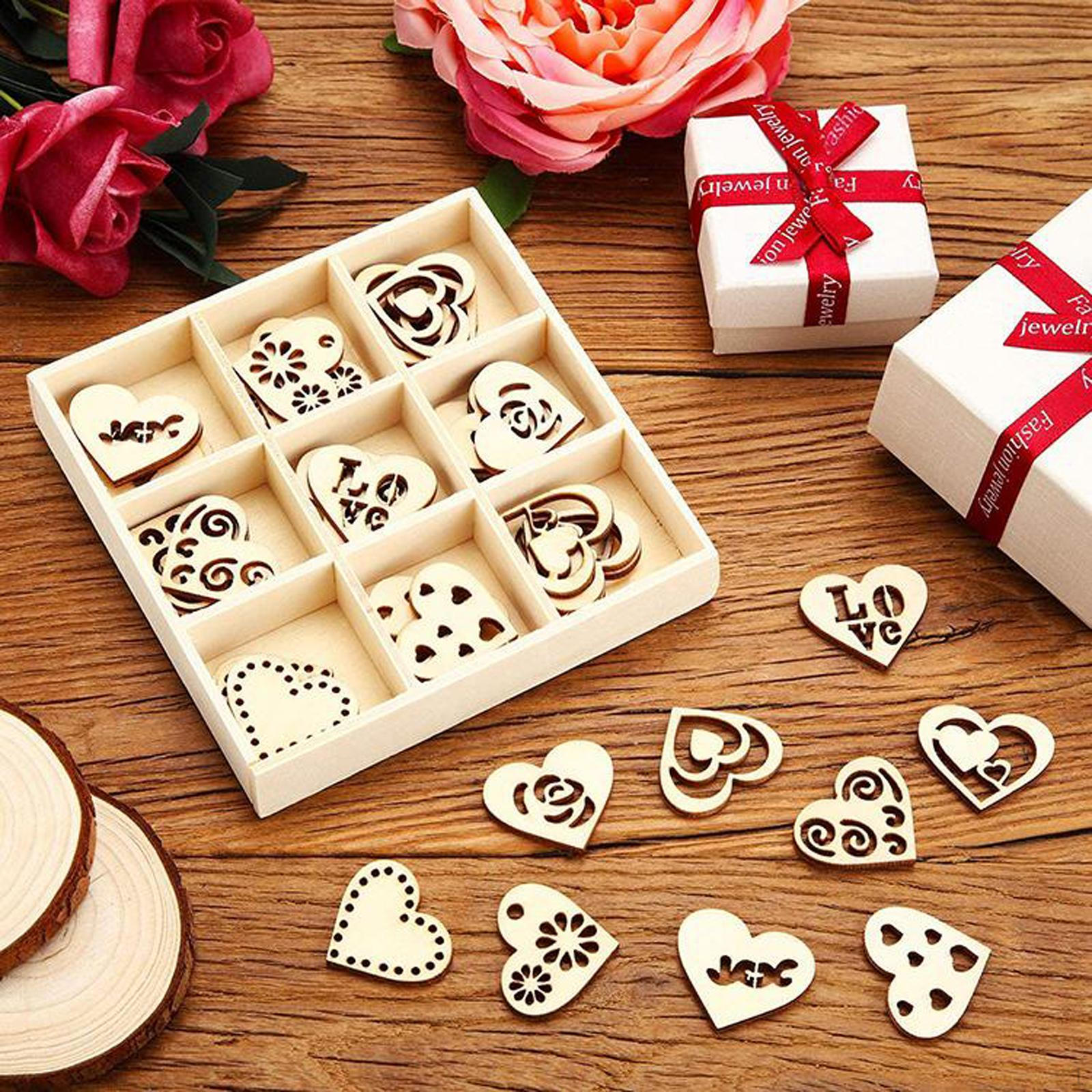 

45Pcs Wooden Ornaments Heart Wood Embellishments Crafts Set Hollow Storage Tray, little Shape