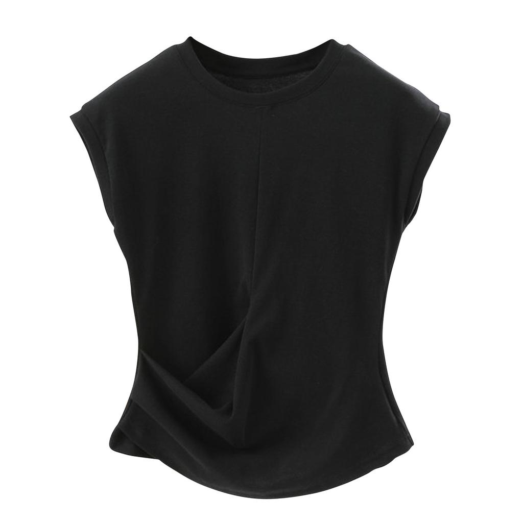 Women's Fashion Solid Color Crew-neck Pleated T-shirt Vest Top Waistcoat