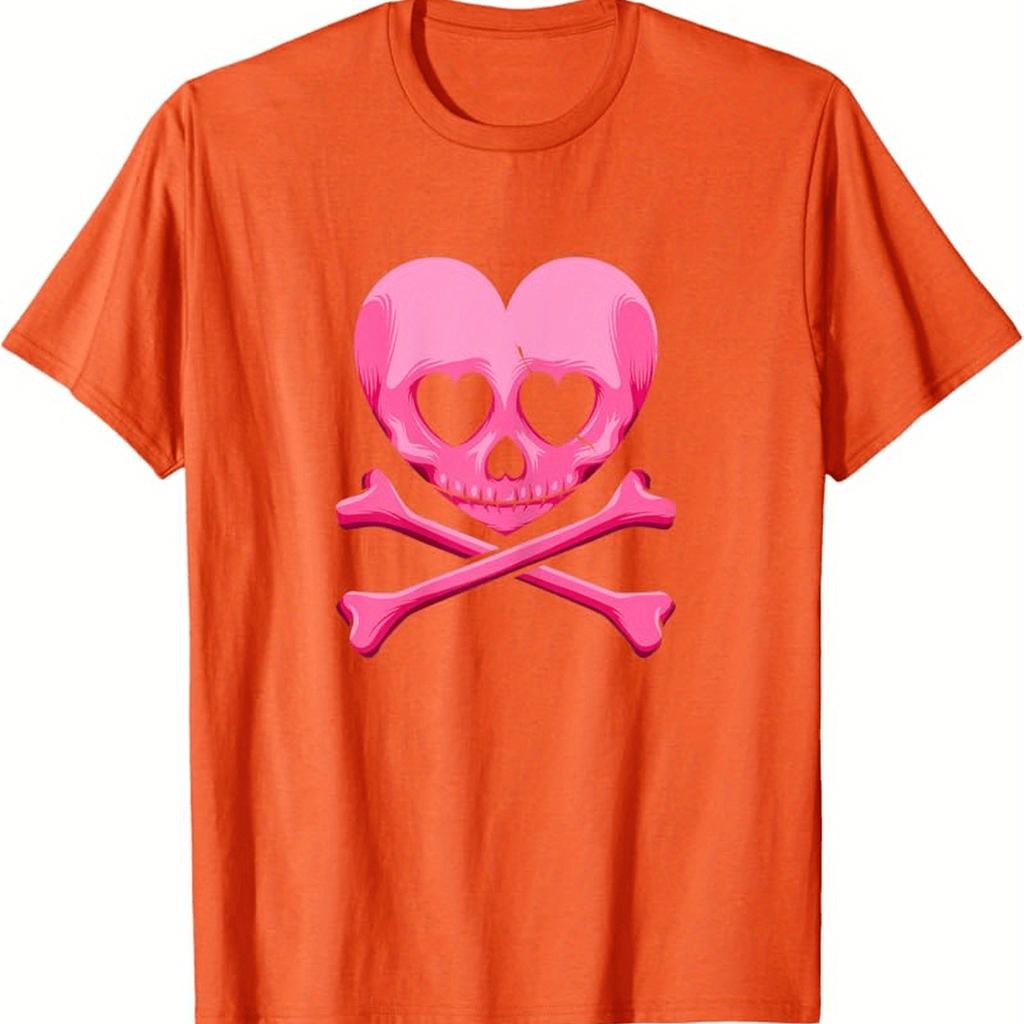 Pink Heart Skull Crossbones Graphic Tee Gothic Couples Matching Unisex Cotton T-Shirt Casual Daily