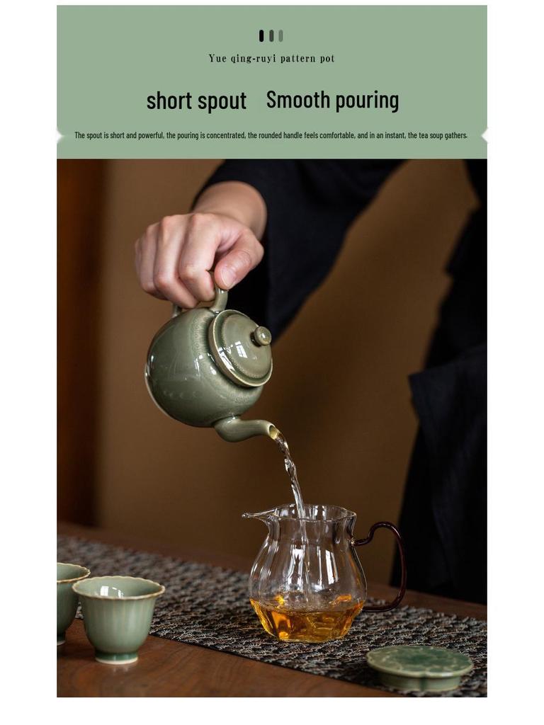 Celadon Ruyi Tea Set: Embossed Gaiwan, Teapot, Cup, Can, and Ornament