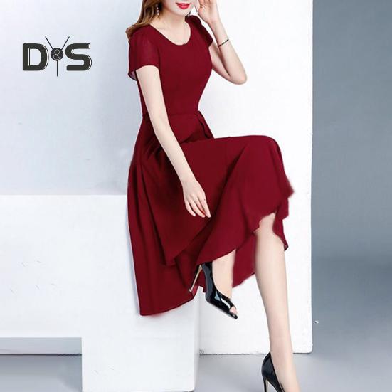 Lady Summer Dress A-line Patchwork Midi Dress O Neck Short Sleeves Lace-up Waist Solid Color Dress for Dating Parties Commuting