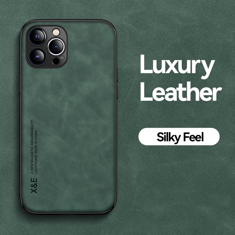 Slim Matte Frosted Leather Phone Case For iPhone 16 15 14 Plus 13 Mini 16Pro Max Mini Build-in Iron Magnetic Plate Back Cover