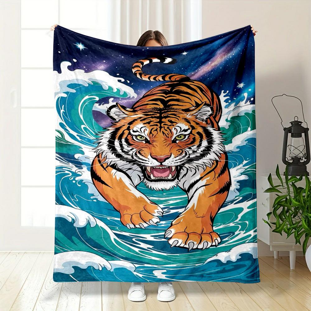 Fierce Tiger On Ocean Waves Flannel Blanket for Bedroom Living Room Sofa and Nap