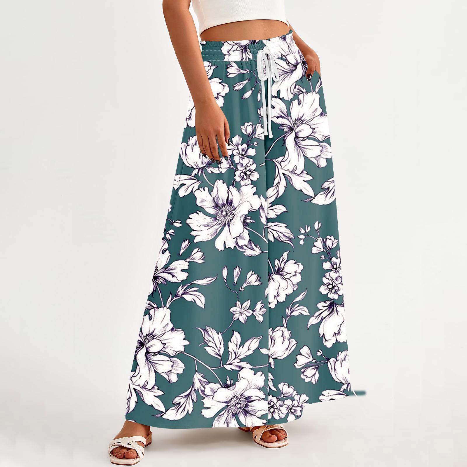 Women s High Waisted Wide Leg Pants Summer Casual Flowing Pocket Wide Leg Pants Floral Print Beach Pants L зелёный