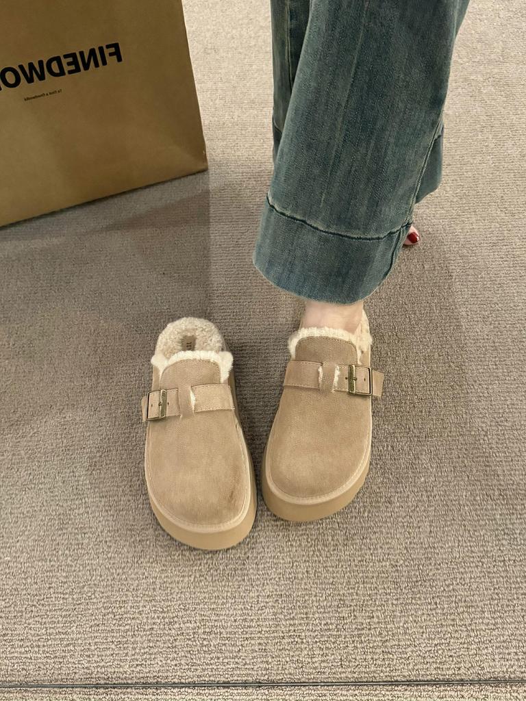 Cowhide version! Thick-soled snow boots increase the height of the bag head and half-drag women's autumn and winter new warm and thickened plush B