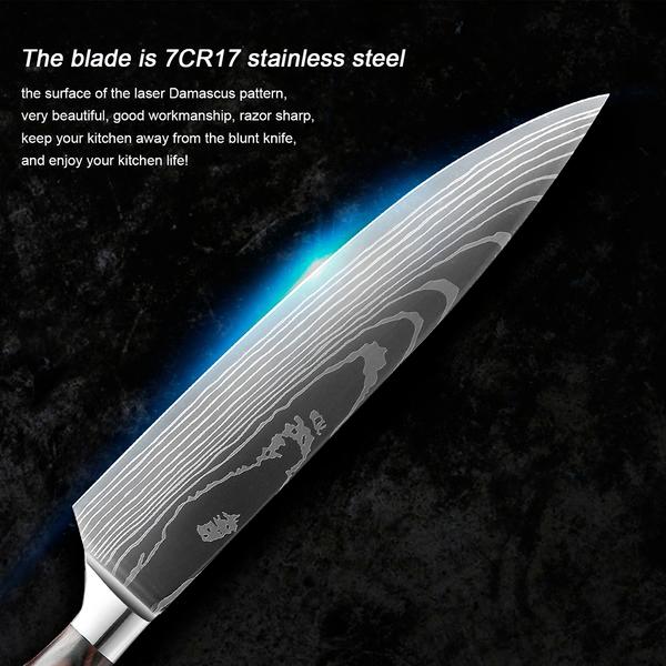 440C German Kitchen Knife Damascus Laser Pattern Utility Chef Knife EDC Cleaver Filleting Santoku Best Kitchen Tool