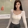 Pure Lust Hottie Style Sexy Low-neck Black Long-sleeved Women's Spring and Autumn Slim-fitting High-waist Navel-baring Short Top for Winter