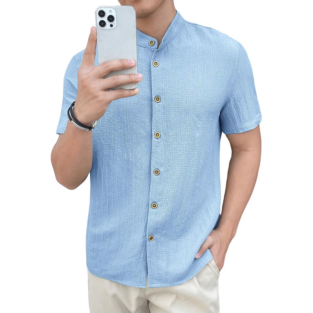 Men's Stand Up Collar Shirt Short Sleeved Top Men's Casual T-shirt Cardigan Top