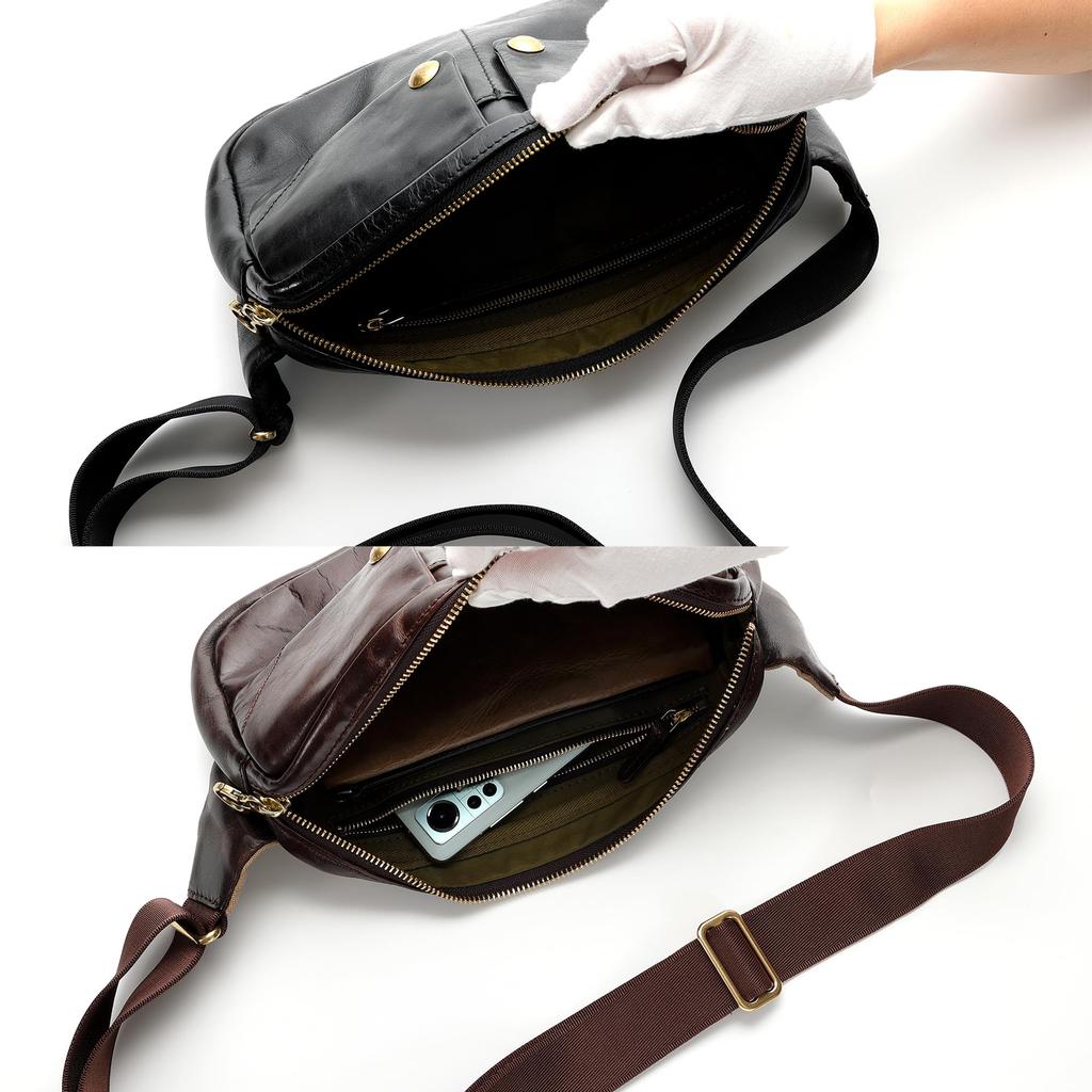 IJUN Men's Vintage Body Bag - Handmade Vegetable-Tanned Leather, Size Small (Black)