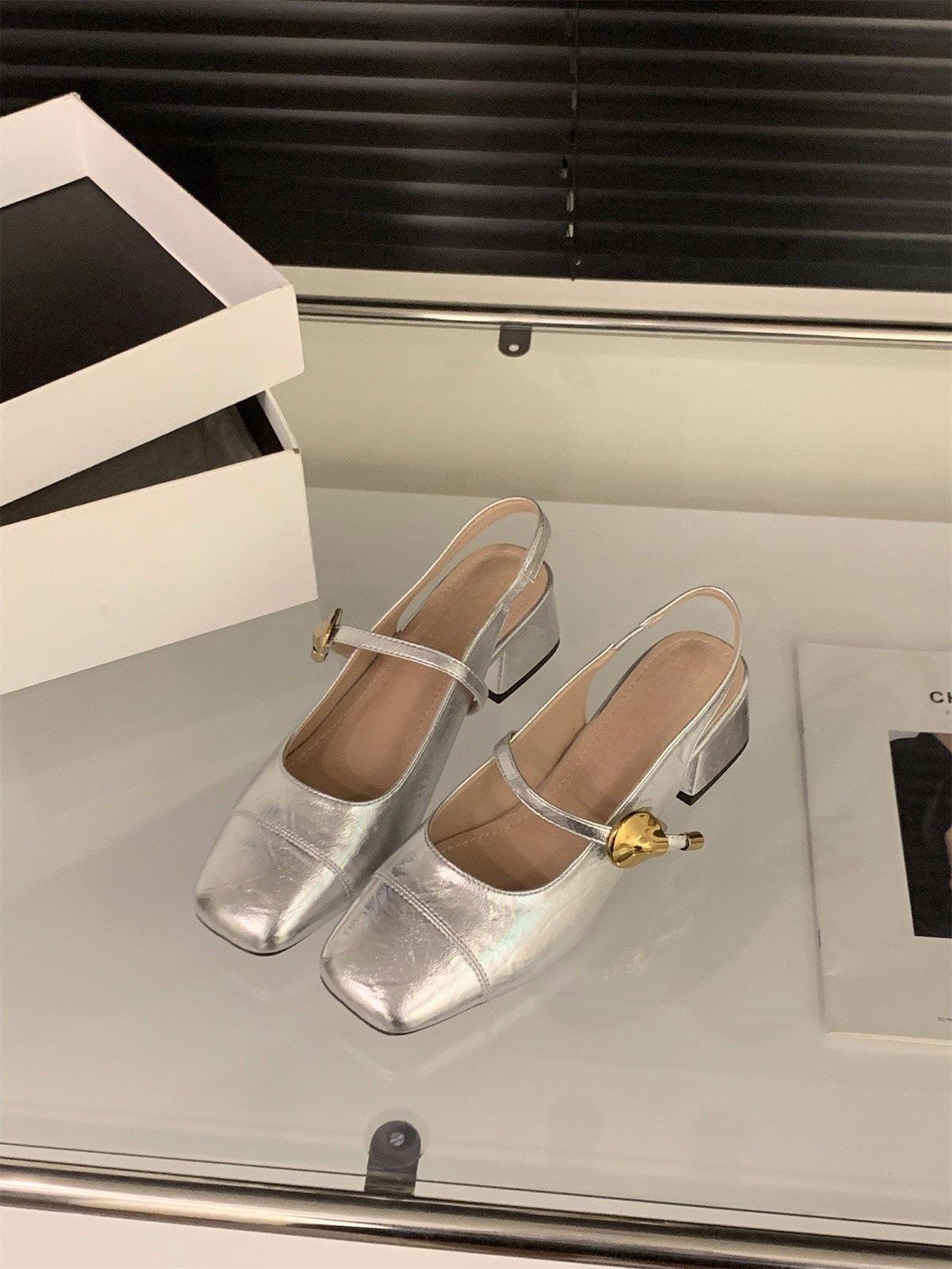 

French medium high heel silver bag head sandals women s shoes 2025 summer with skirt square head Mary Jane evening shoes 40