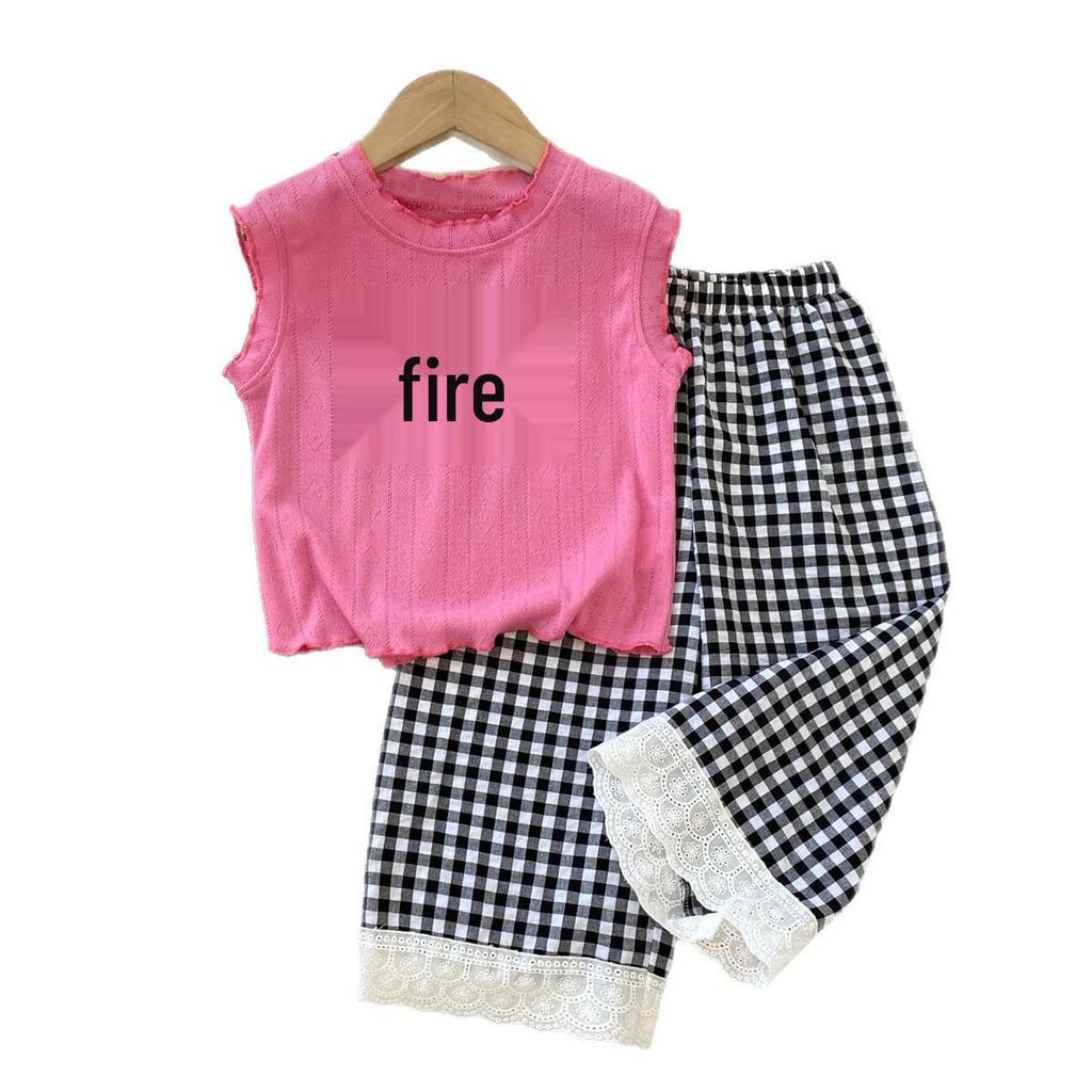Girls' Korean Style Printed Vest & Plaid Pants Set - Casual Base Layer