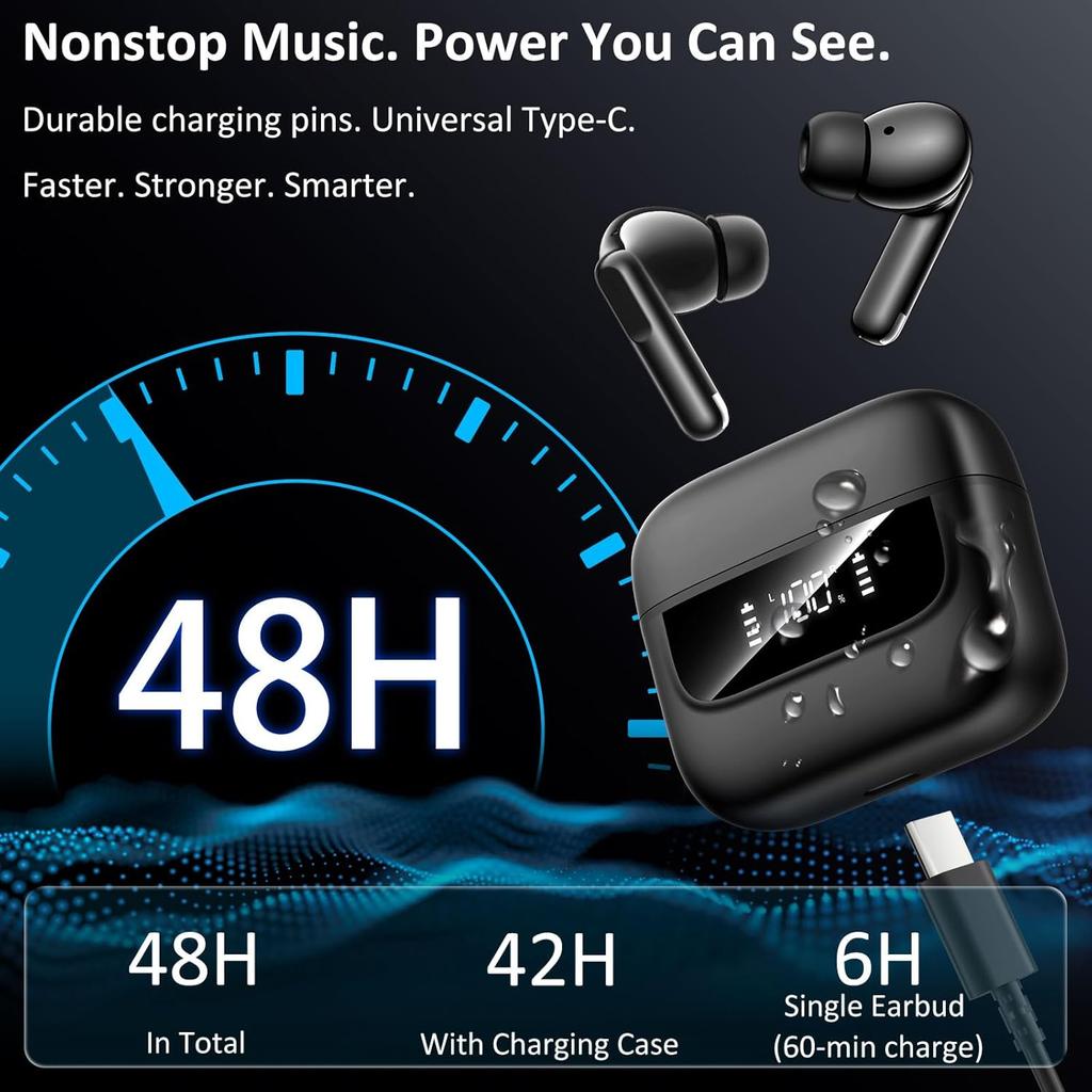 Kabellose Ohrhörer Bluetooth 5.4 6 Mikrofone ENC Geräuschunterdrückung Ohrstöpsel Tiefer Bass HiFi Stereo LED-Anzeige 48H Wiedergabezeit Kopfhörer IPX7 Kopfhörer Android iOS