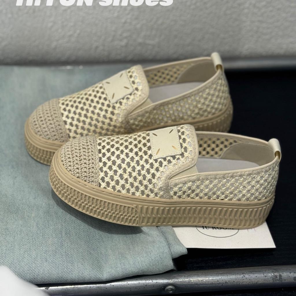 Mesh Hollow Breathable Fisherman Shoes Women's One-pedal Lazy Loafers 2025 Summer New Straw Biscuit Women's Shoes