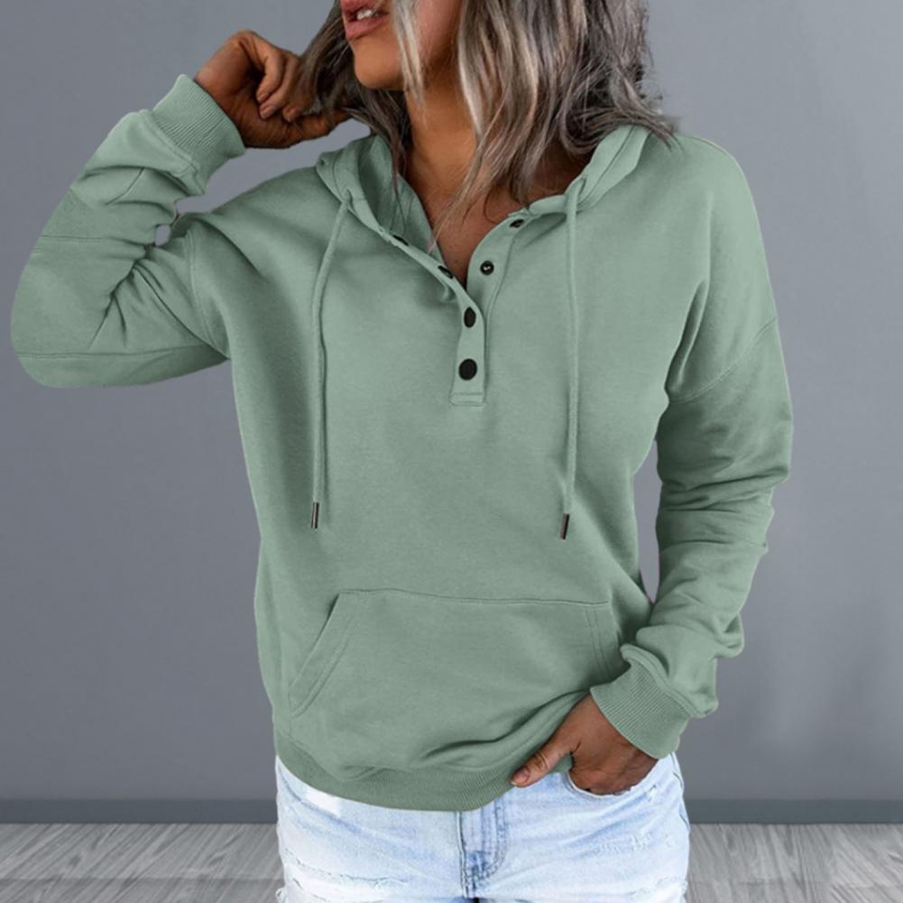 Women Fall Winter Hoodie Long Sleeve Loose Pullover Big Pocket Button Decor Drawstring Casual Soft Warm Hooded Elastic Cuff Lady