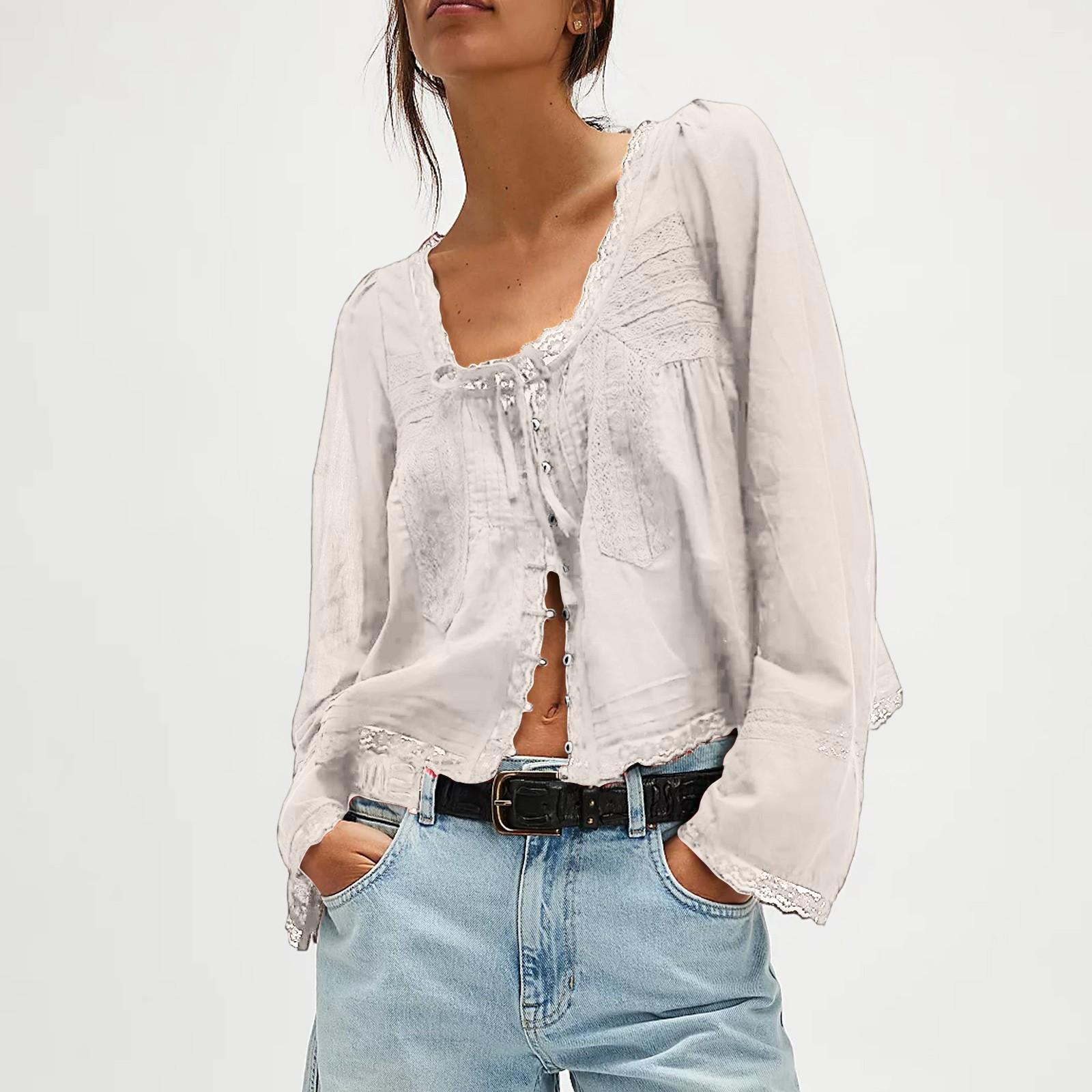 

Women s Fashion Casual Long Sleeve Lace Lace Sweet Slim Button Top S білий