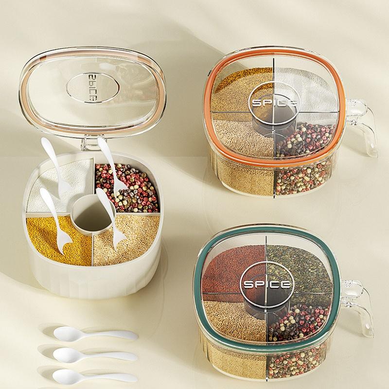 4-compartment Plastic Seasoning Box with Lid Equipped with Spoon Seal Moisture-proof Salt Pepper Spice Storage Kitchen Tools