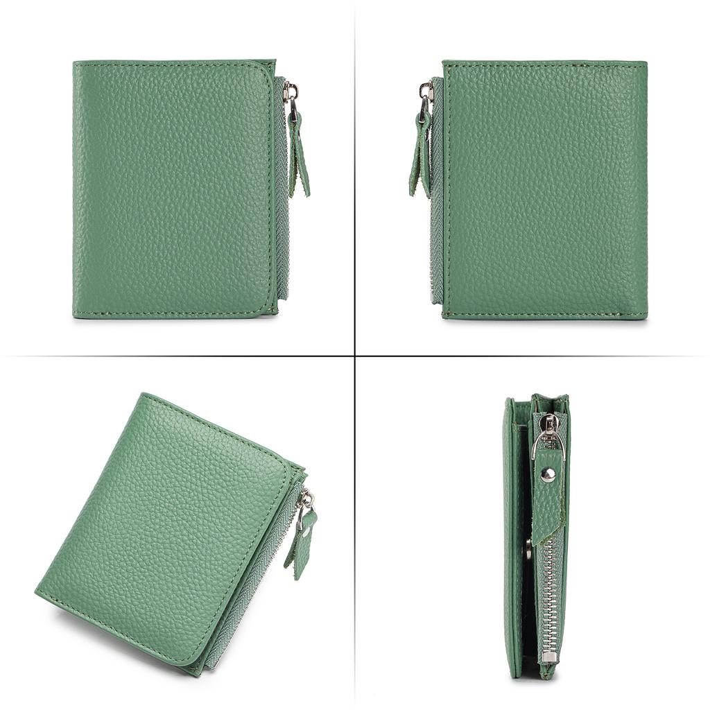 Portfel damski ze skóry naturalnej, krótki, wąski, blokujący, składany na pół, z uchwytem na karty kredytowe, z klipsem na pieniądze i kieszenią na monety
