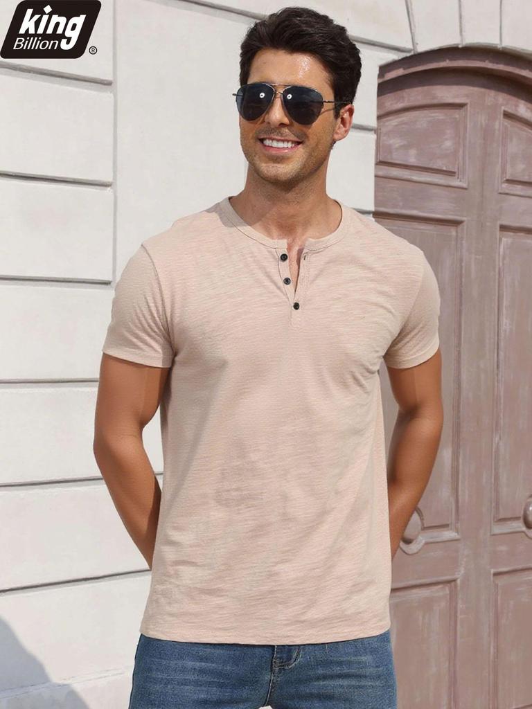 Men's Cotton T-shirt Fashion Button Design Breathable Solid Color Short-sleeved Henley Neck Tops Slim Fit Cozy Male Casual Tees