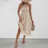 New Summer Vacation Solid Color Neck Pleated Dress